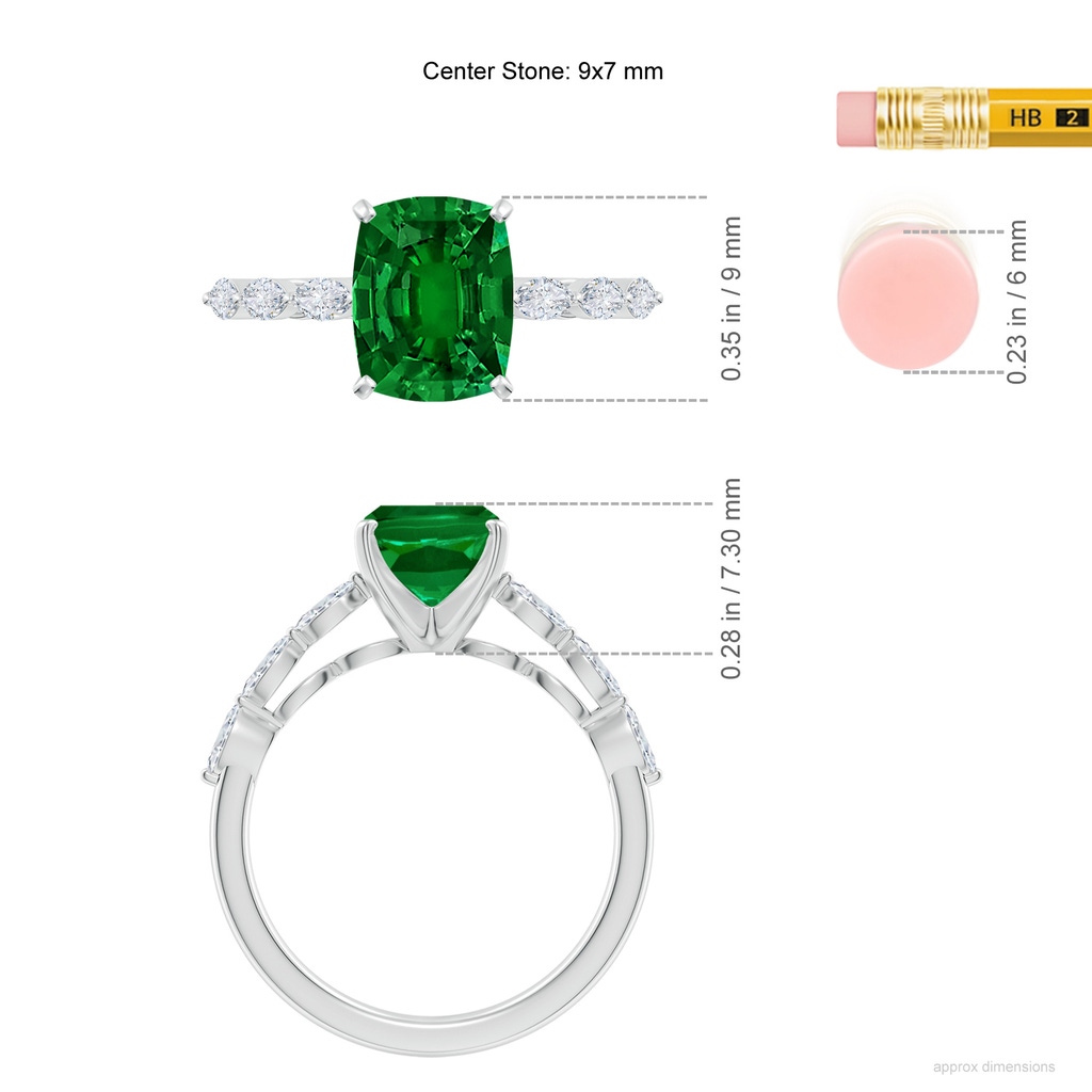 9x7mm Labgrown Cushion Rectangular Lab-Grown Emerald Engagement Ring with Marquise Diamonds in White Gold ruler
