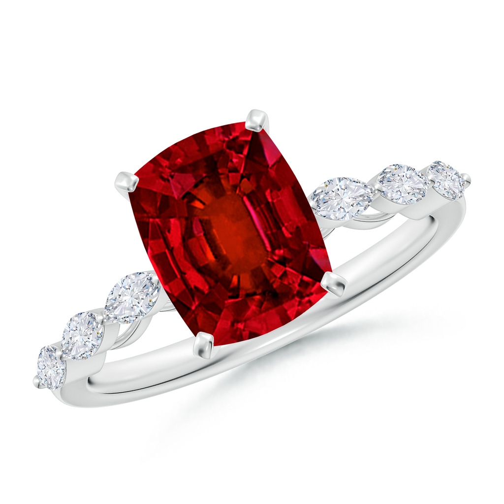 9x7mm Labgrown Cushion Rectangular Lab-Grown Ruby Engagement Ring with Marquise Diamonds in White Gold