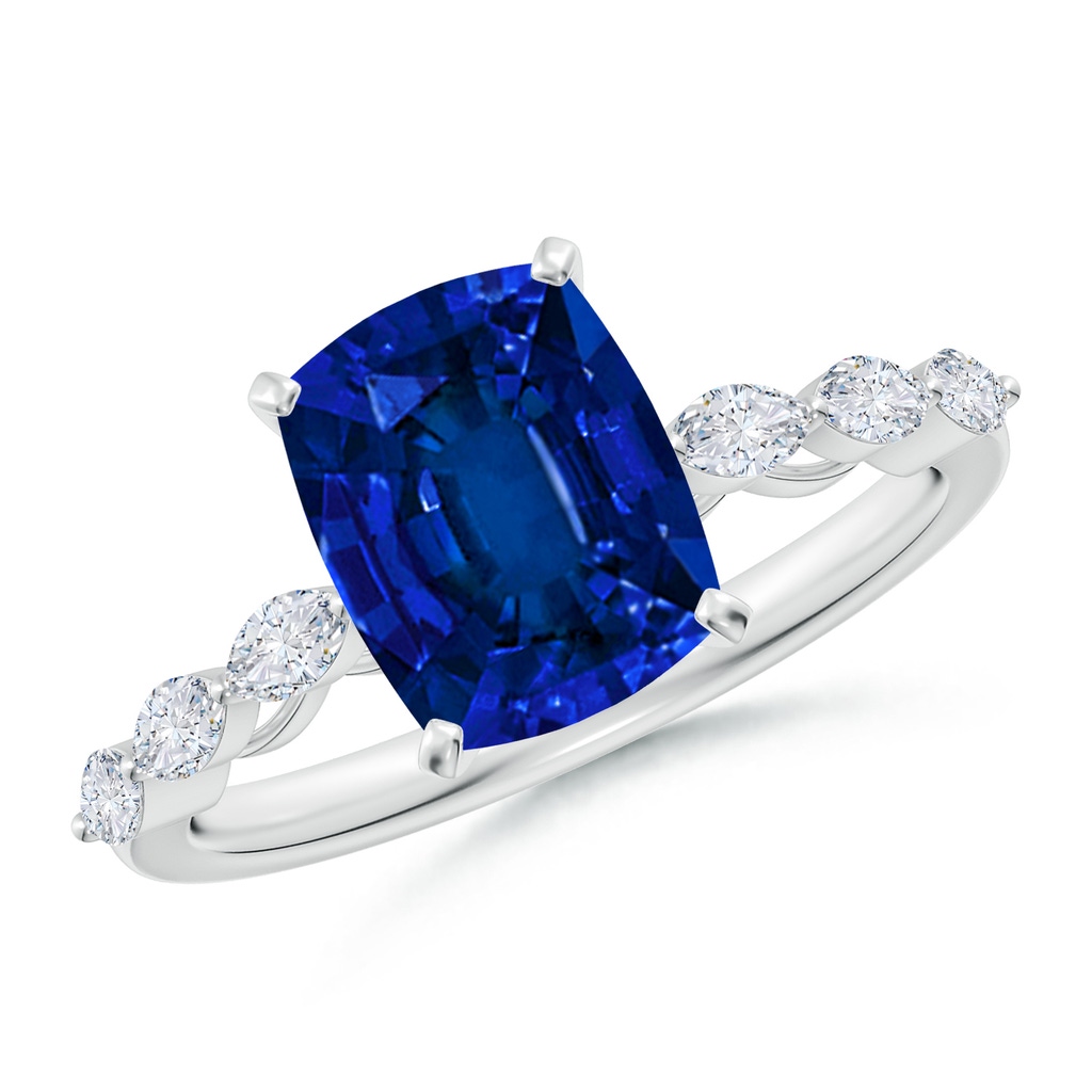 9x7mm Labgrown Cushion Rectangular Lab-Grown Blue Sapphire Engagement Ring with Marquise Diamonds in White Gold