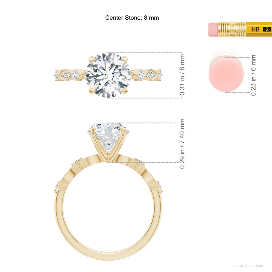 8mm FGVS Round Lab-Grown Diamond Engagement Ring with Marquise Motifs in Yellow Gold ruler