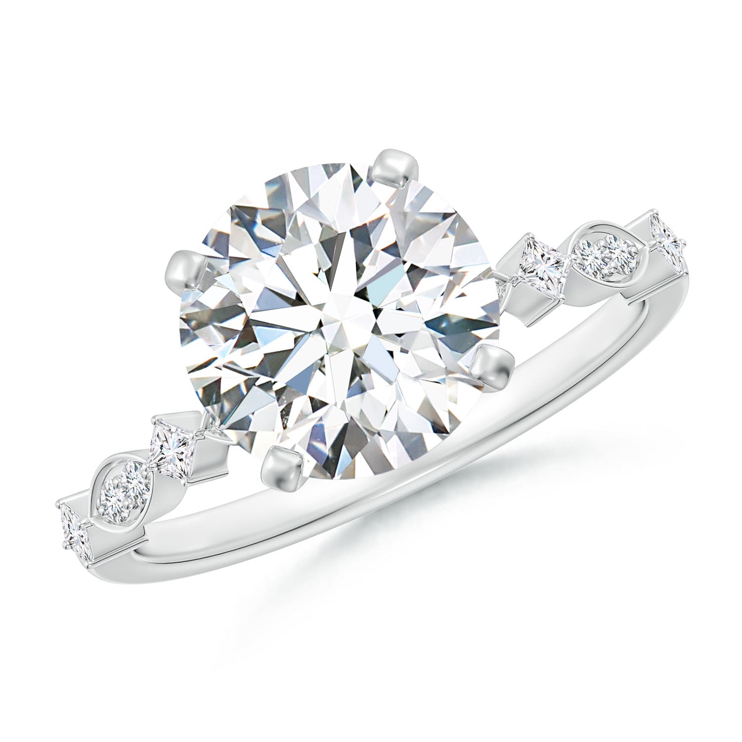 9.2mm FGVS Round Lab-Grown Diamond Engagement Ring with Marquise Motifs in 18K White Gold