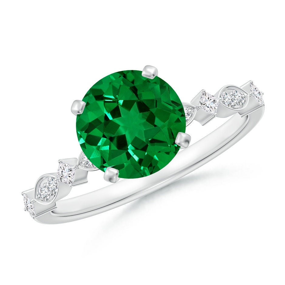 8mm Labgrown Round Lab-Grown Emerald Engagement Ring with Marquise Motifs in White Gold 