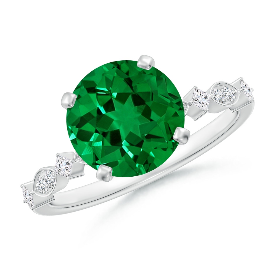 9mm Labgrown Round Lab-Grown Emerald Engagement Ring with Marquise Motifs in 18K White Gold 