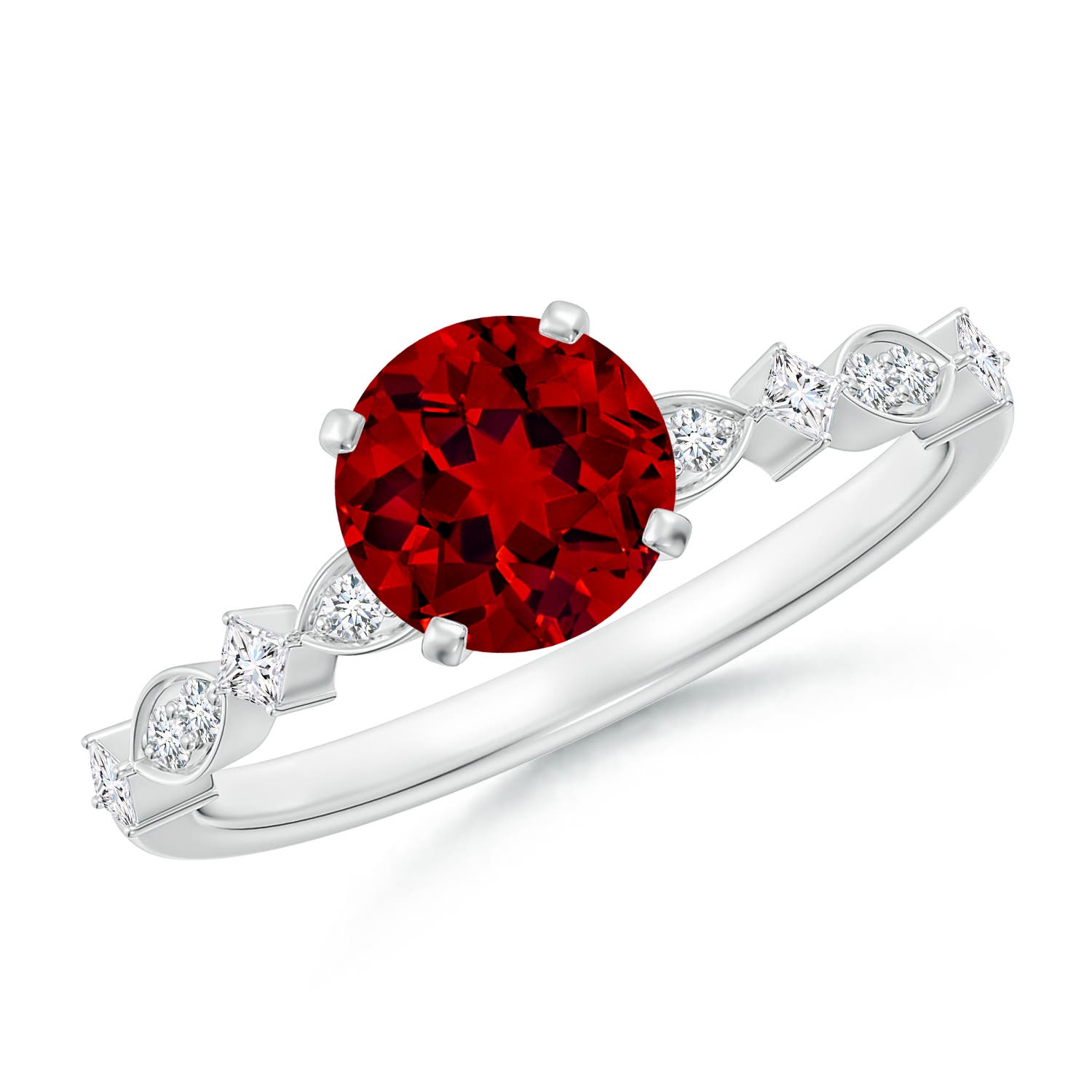 6.5mm Labgrown Round Lab-Grown Ruby Engagement Ring with Marquise Motifs in White Gold