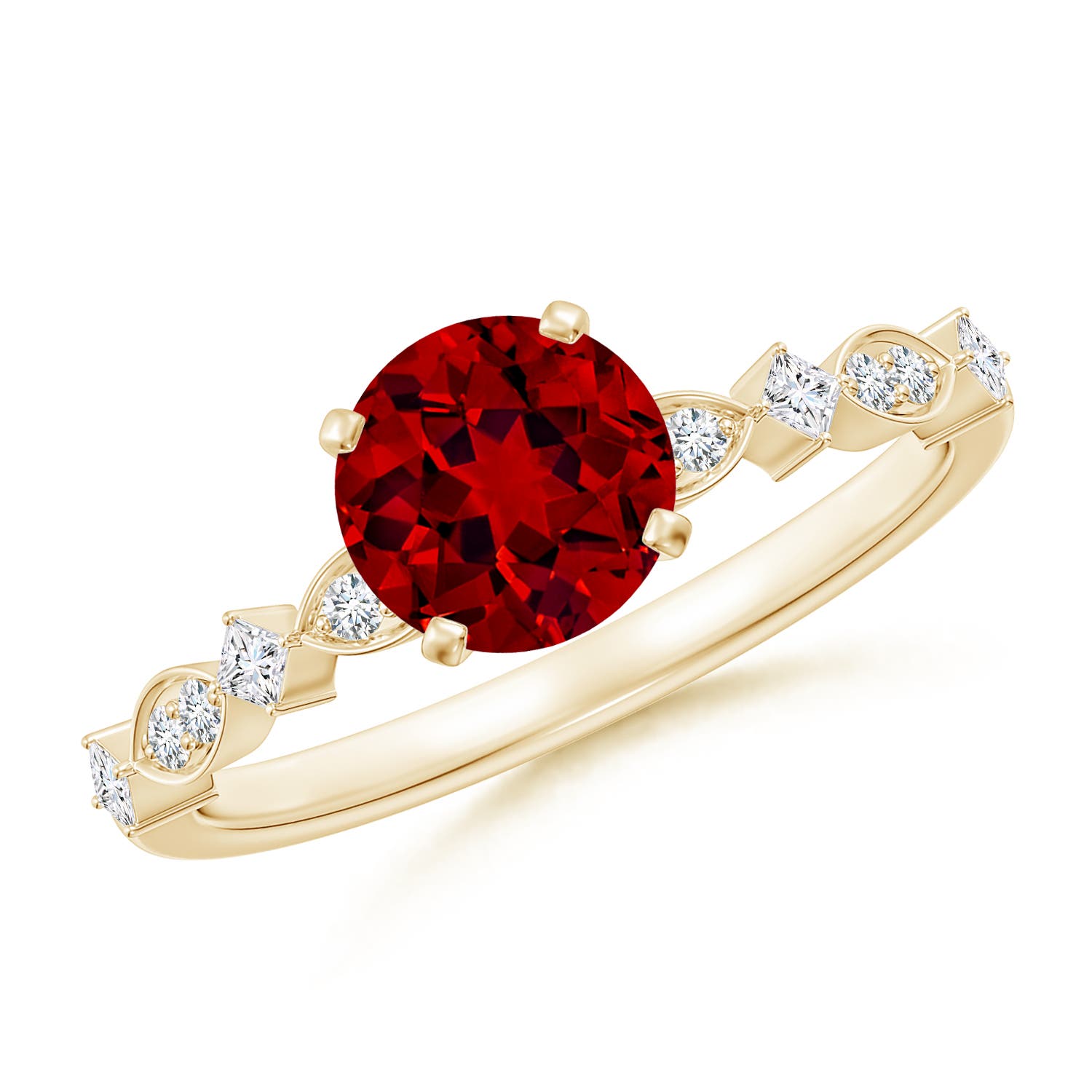 6.5mm Labgrown Round Lab-Grown Ruby Engagement Ring with Marquise Motifs in Yellow Gold