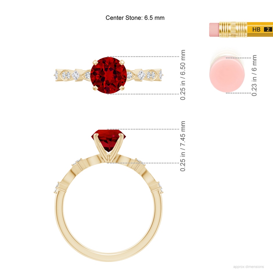 6.5mm Labgrown Round Lab-Grown Ruby Engagement Ring with Marquise Motifs in Yellow Gold ruler