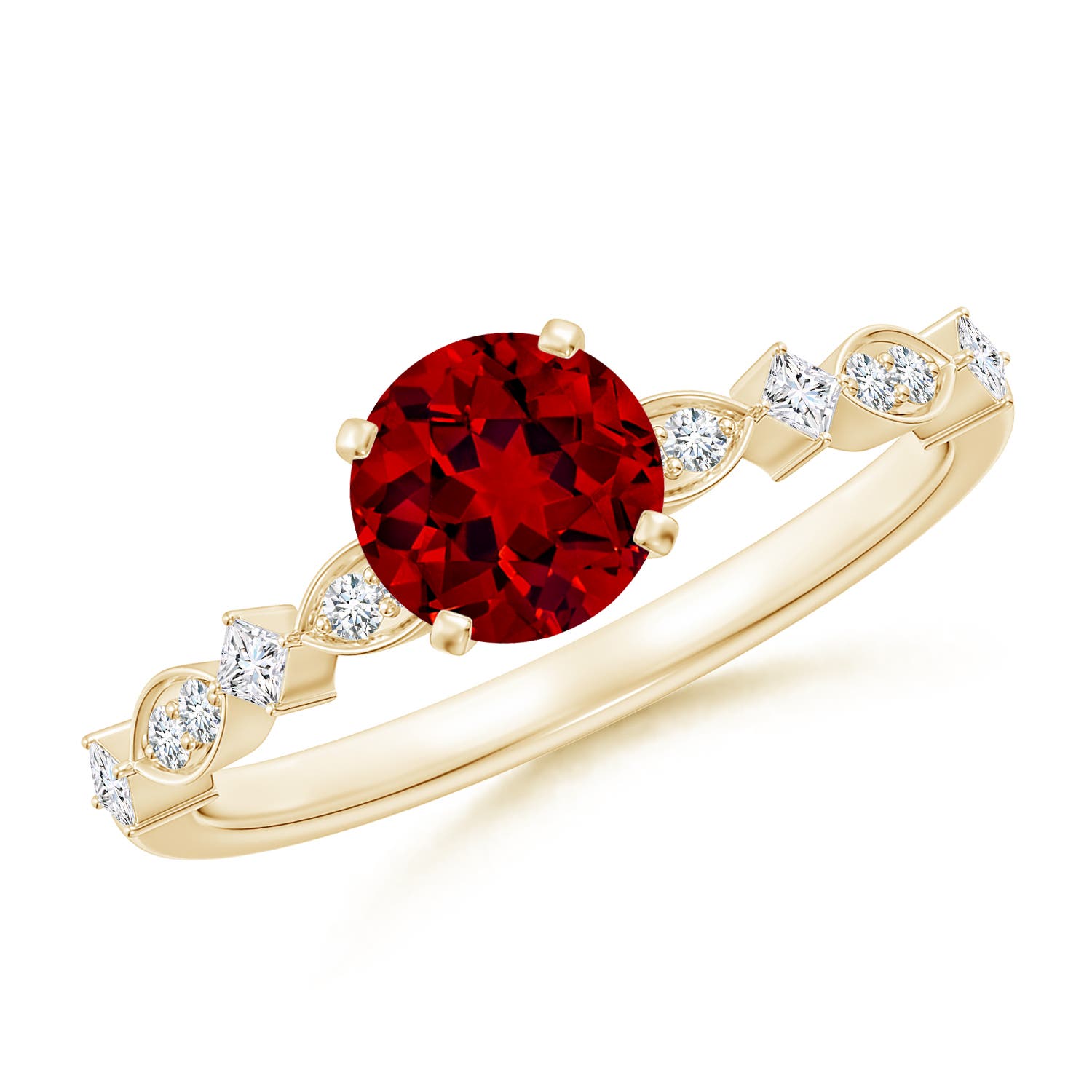6mm Labgrown Round Lab-Grown Ruby Engagement Ring with Marquise Motifs in 18K Yellow Gold