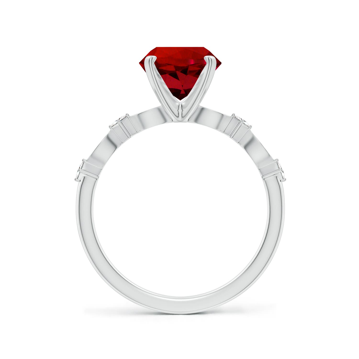 8mm Labgrown Round Lab-Grown Ruby Engagement Ring with Marquise Motifs in 18K White Gold