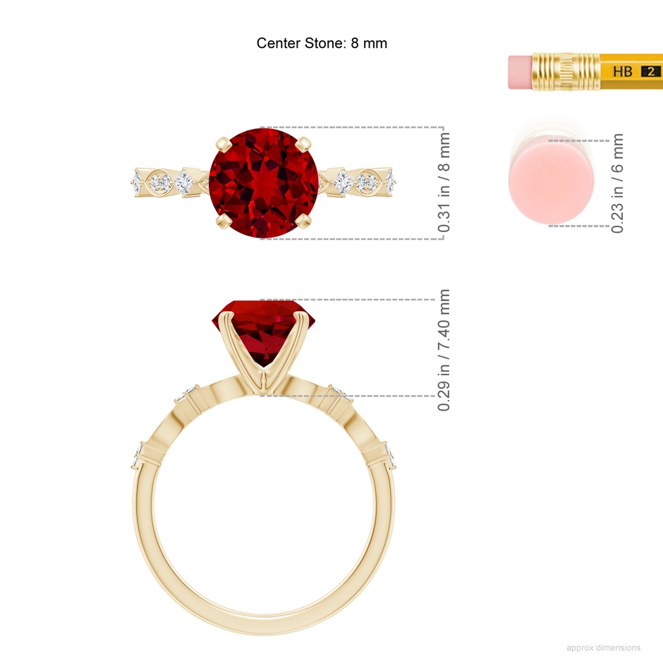 8mm Labgrown Round Lab-Grown Ruby Engagement Ring with Marquise Motifs in 18K Yellow Gold ruler