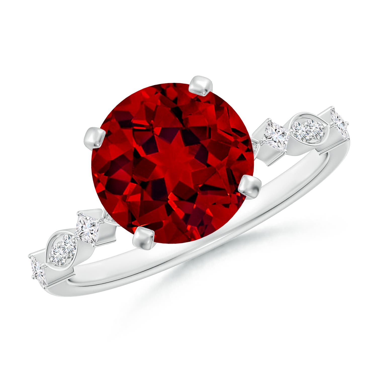 9mm Labgrown Round Lab-Grown Ruby Engagement Ring with Marquise Motifs in 18K White Gold