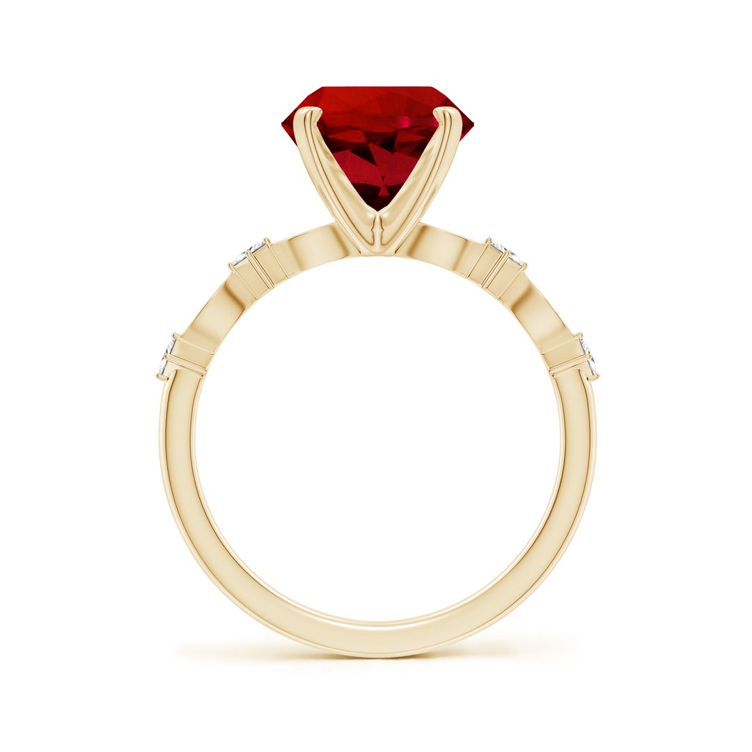 9mm Labgrown Round Lab-Grown Ruby Engagement Ring with Marquise Motifs in 18K Yellow Gold - side 3