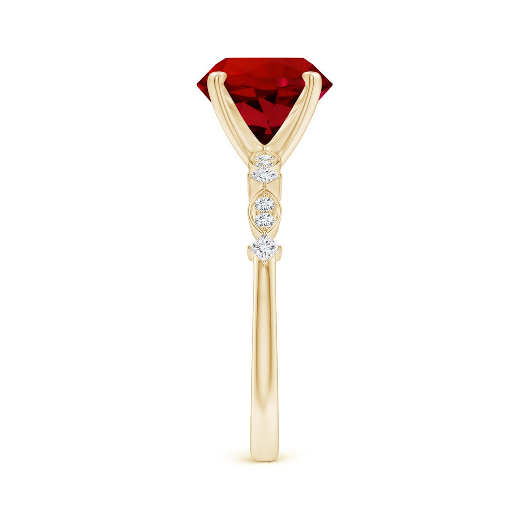 9mm Labgrown Round Lab-Grown Ruby Engagement Ring with Marquise Motifs in 18K Yellow Gold - side 4