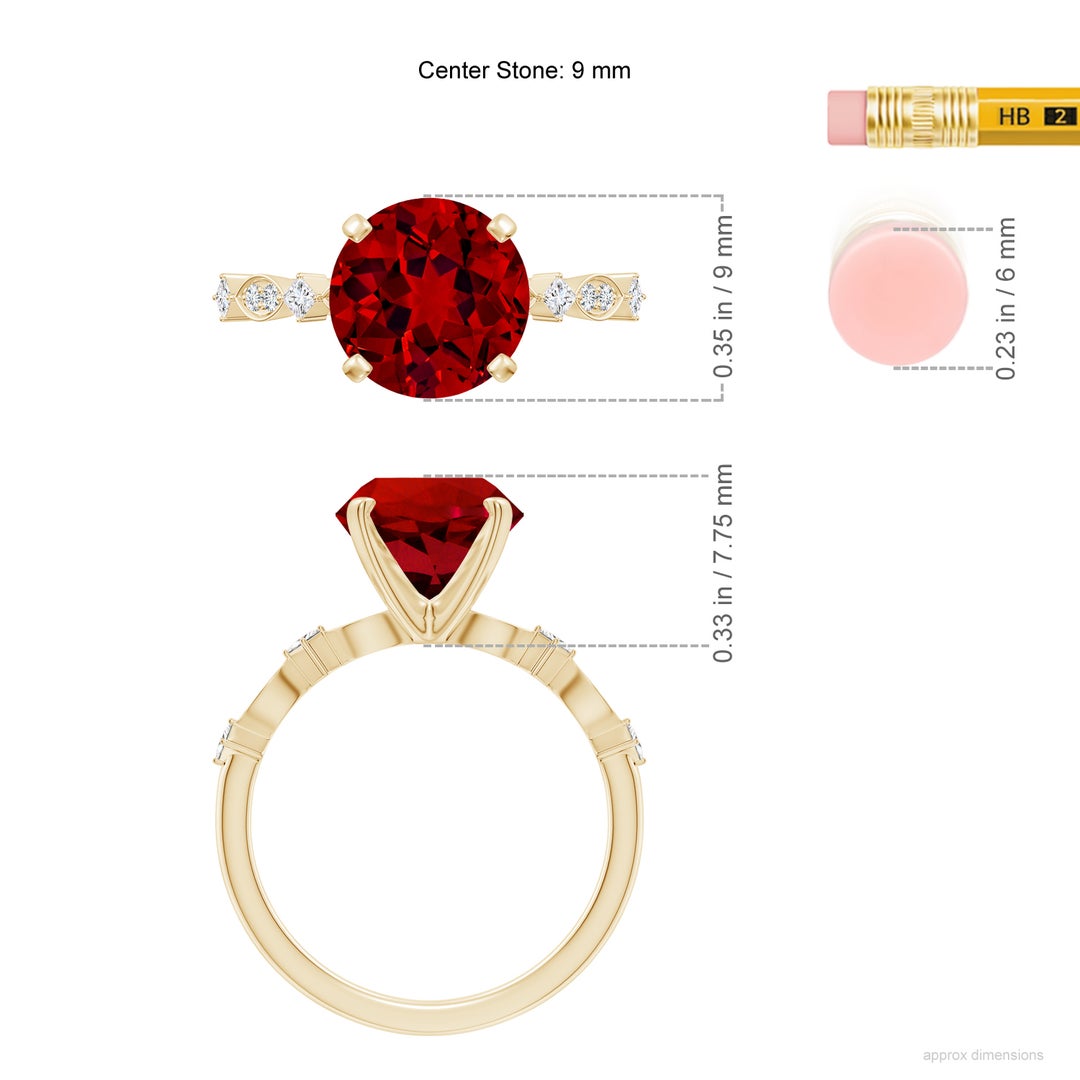 9mm Labgrown Round Lab-Grown Ruby Engagement Ring with Marquise Motifs in 18K Yellow Gold - ruler