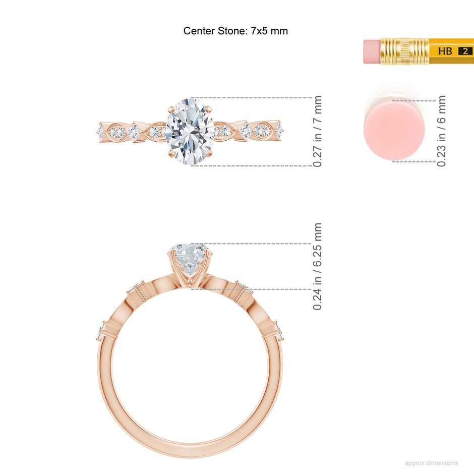 7x5mm FGVS Oval Lab-Grown Diamond Engagement Ring with Marquise Motifs in Rose Gold ruler