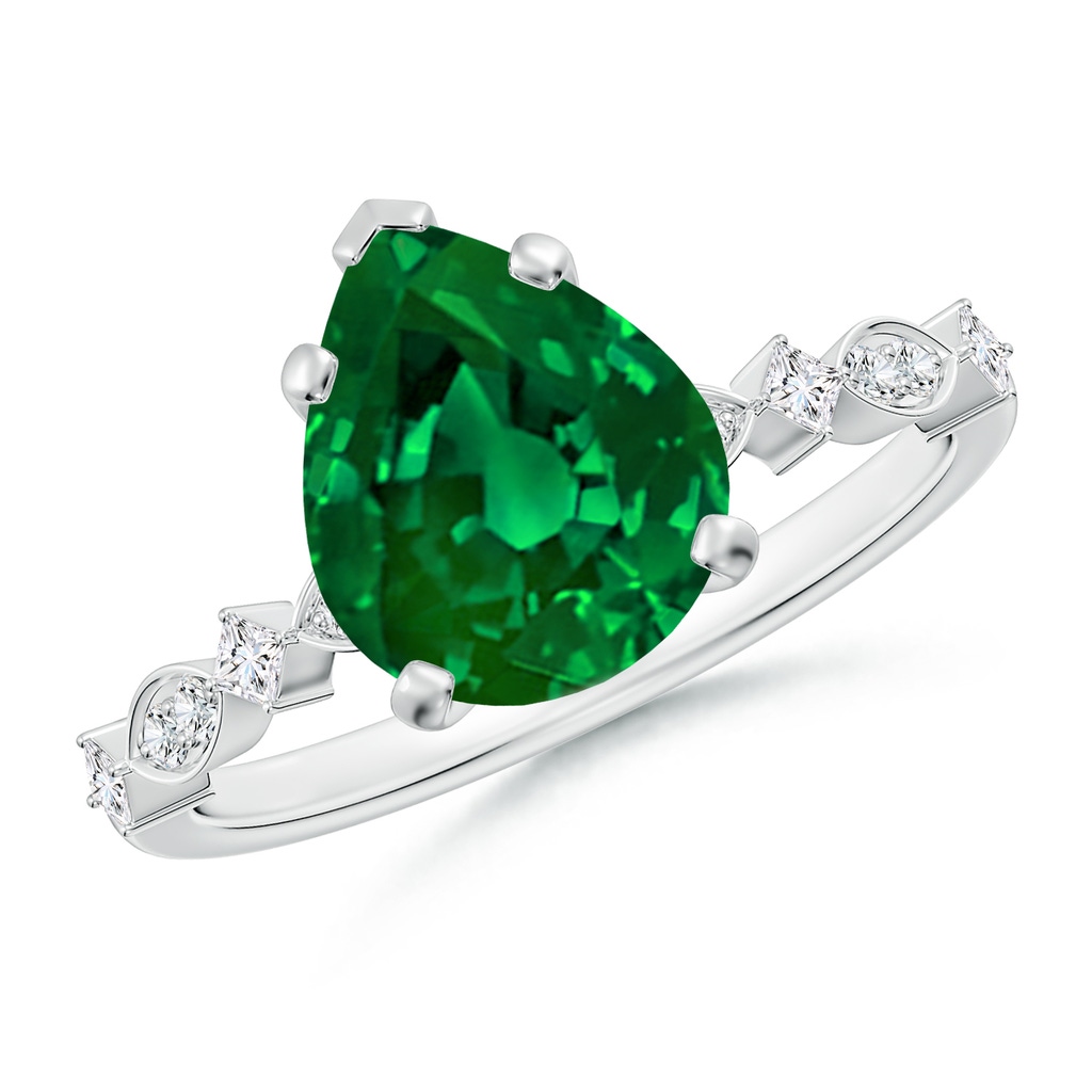10x8mm Labgrown Pear Lab-Grown Emerald Engagement Ring with Marquise Motifs in 18K White Gold