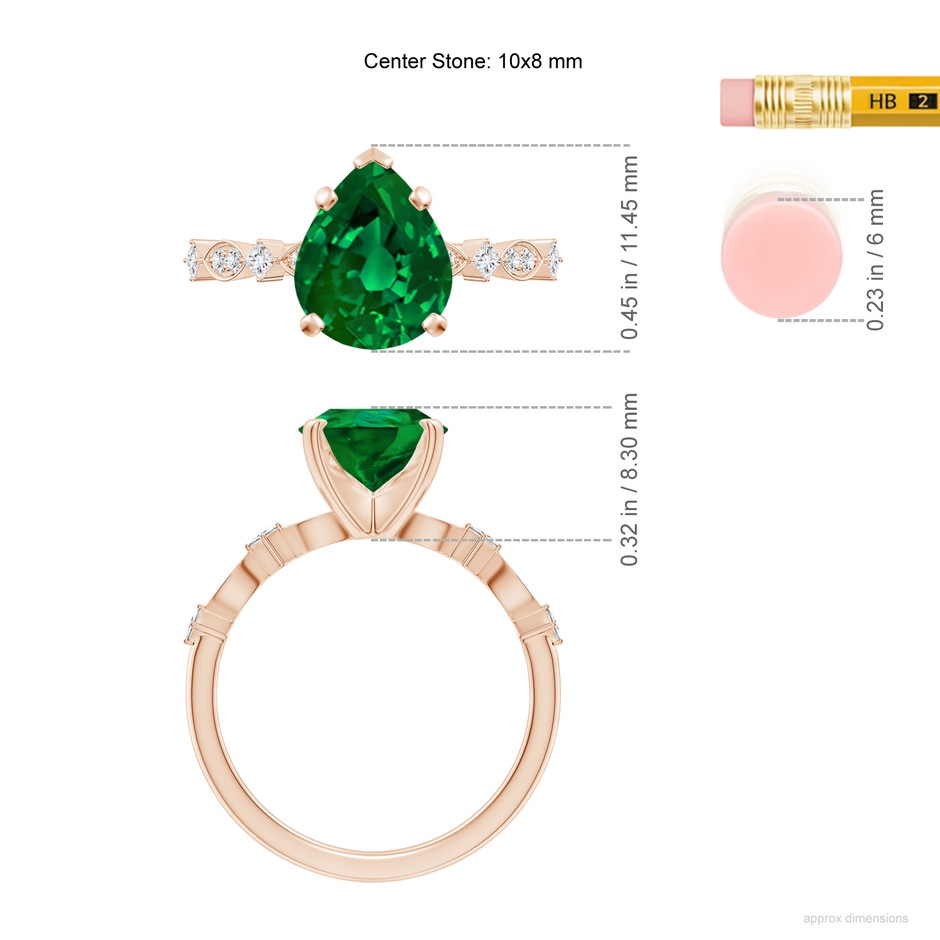 10x8mm Labgrown Pear Lab-Grown Emerald Engagement Ring with Marquise Motifs in Rose Gold ruler