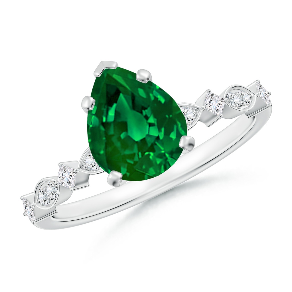 9x7mm Labgrown Pear Lab-Grown Emerald Engagement Ring with Marquise Motifs in White Gold