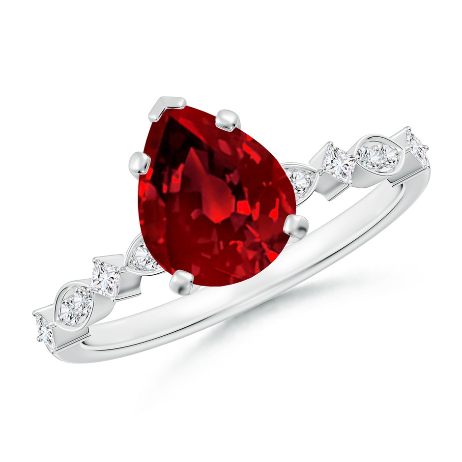 9x7mm Labgrown Pear Lab-Grown Ruby Engagement Ring with Marquise Motifs in White Gold 