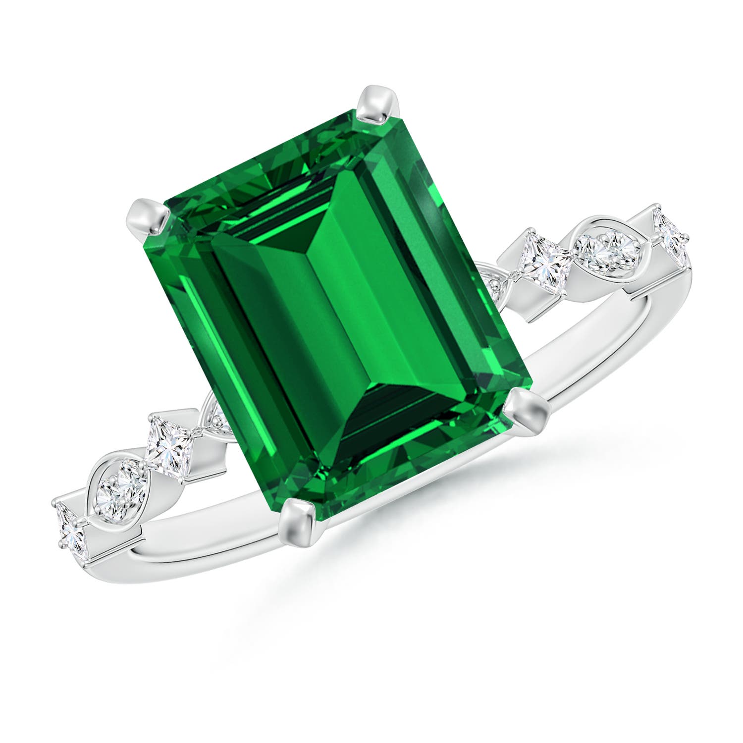 10x8mm Labgrown Prong-Set Emerald-Cut Lab-Grown Emerald Engagement Ring with Marquise Motifs in 18CT White Gold
