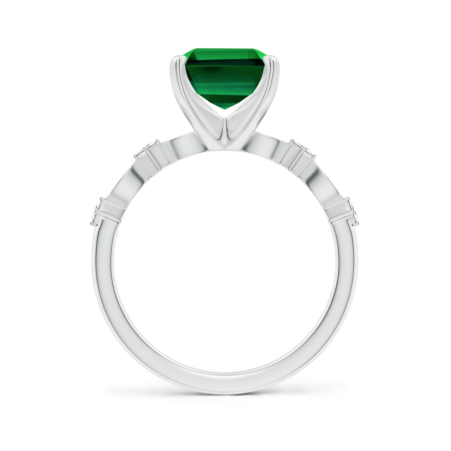 10x8mm Labgrown Prong-Set Emerald-Cut Lab-Grown Emerald Engagement Ring with Marquise Motifs in 18K White Gold