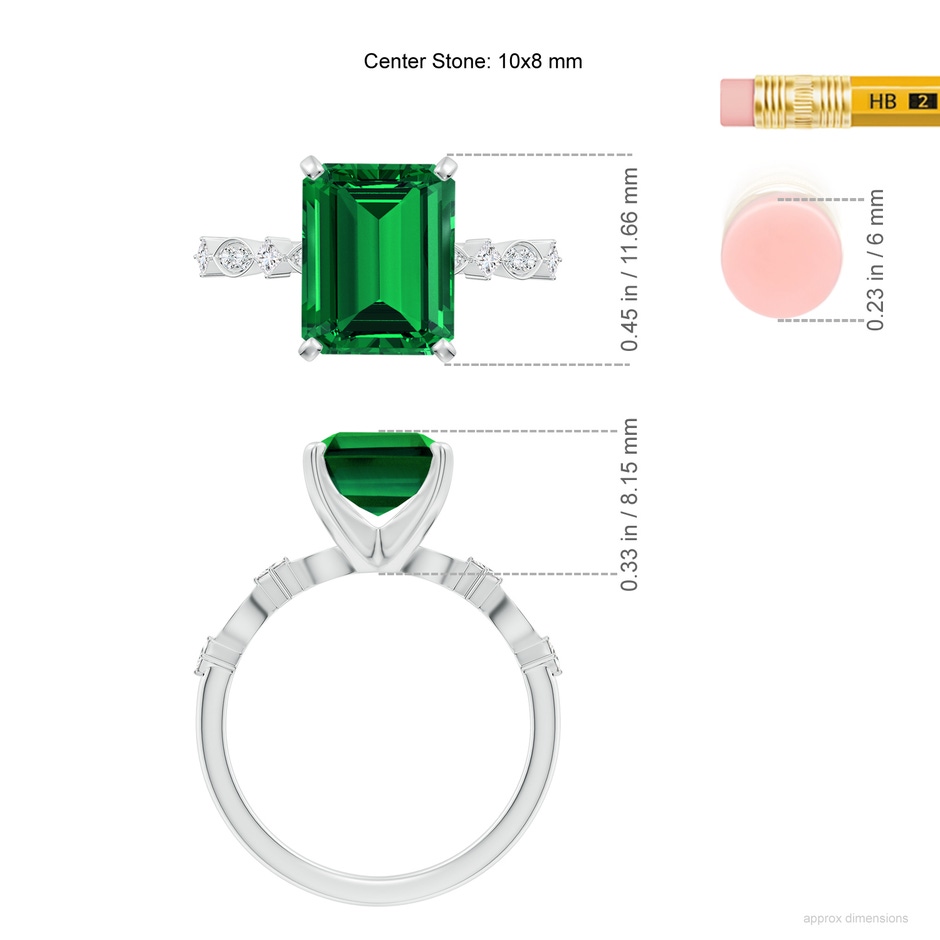 10x8mm Labgrown Prong-Set Emerald-Cut Lab-Grown Emerald Engagement Ring with Marquise Motifs in 18K White Gold ruler