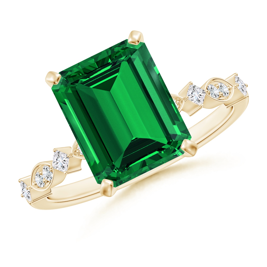 10x8mm Labgrown Prong-Set Emerald-Cut Lab-Grown Emerald Engagement Ring with Marquise Motifs in 18K Yellow Gold