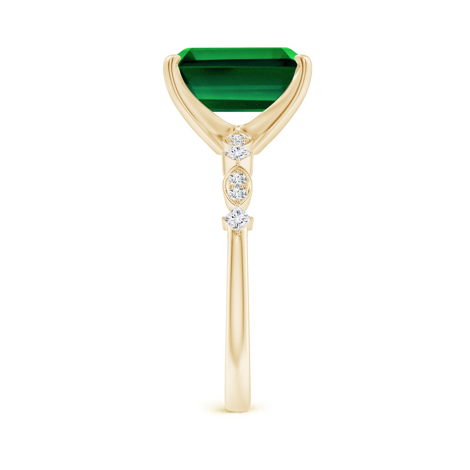 10x8mm Labgrown Prong-Set Emerald-Cut Lab-Grown Emerald Engagement Ring with Marquise Motifs in 18CT Yellow Gold - side 4
