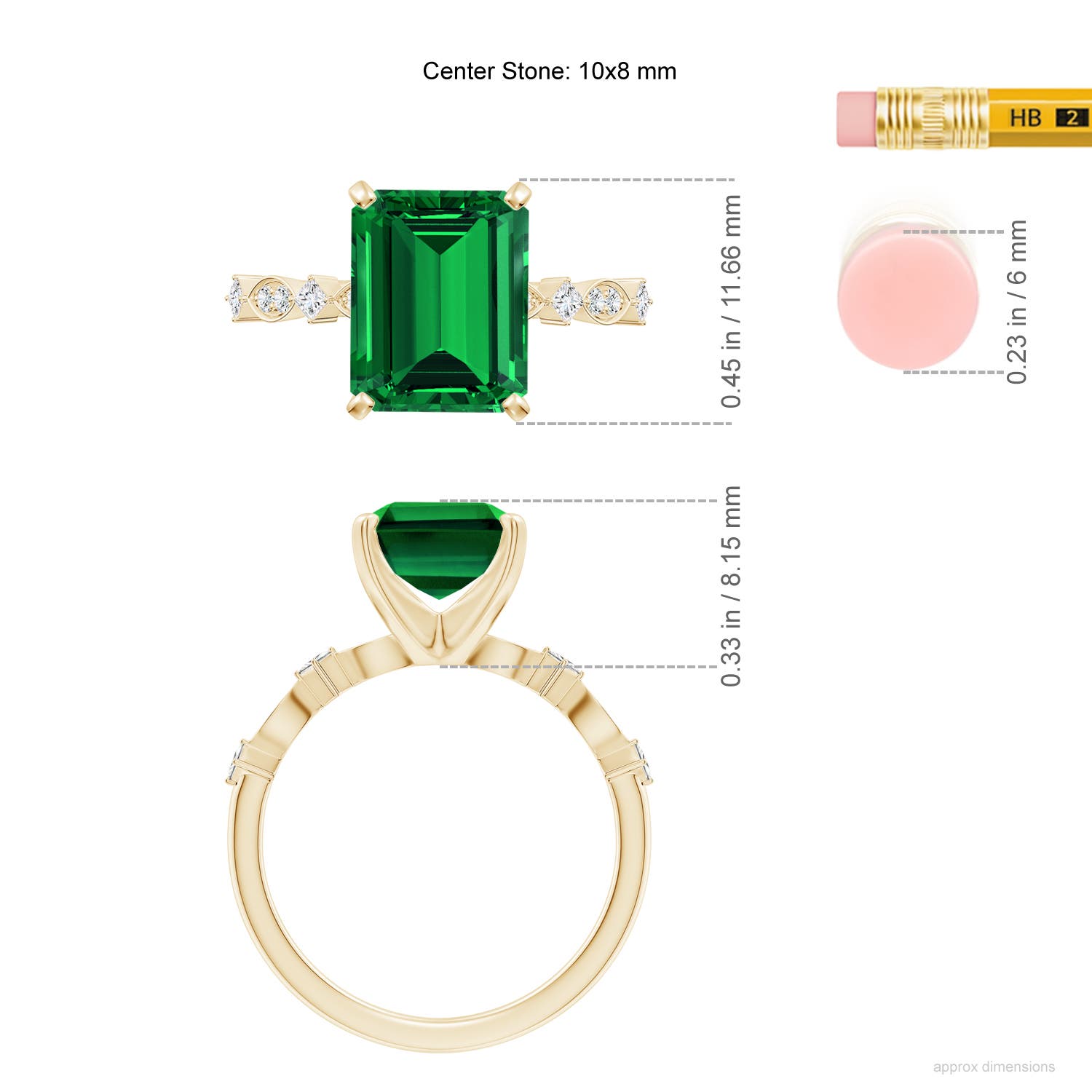 10x8mm Labgrown Prong-Set Emerald-Cut Lab-Grown Emerald Engagement Ring with Marquise Motifs in 18CT Yellow Gold - ruler