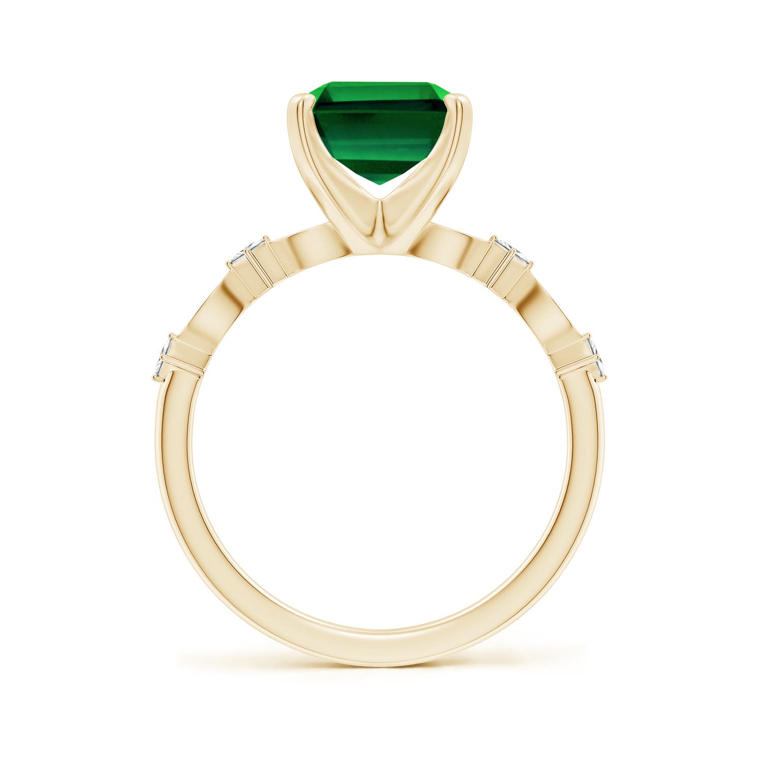 10x8mm Labgrown Prong-Set Emerald-Cut Lab-Grown Emerald Engagement Ring with Marquise Motifs in Yellow Gold
