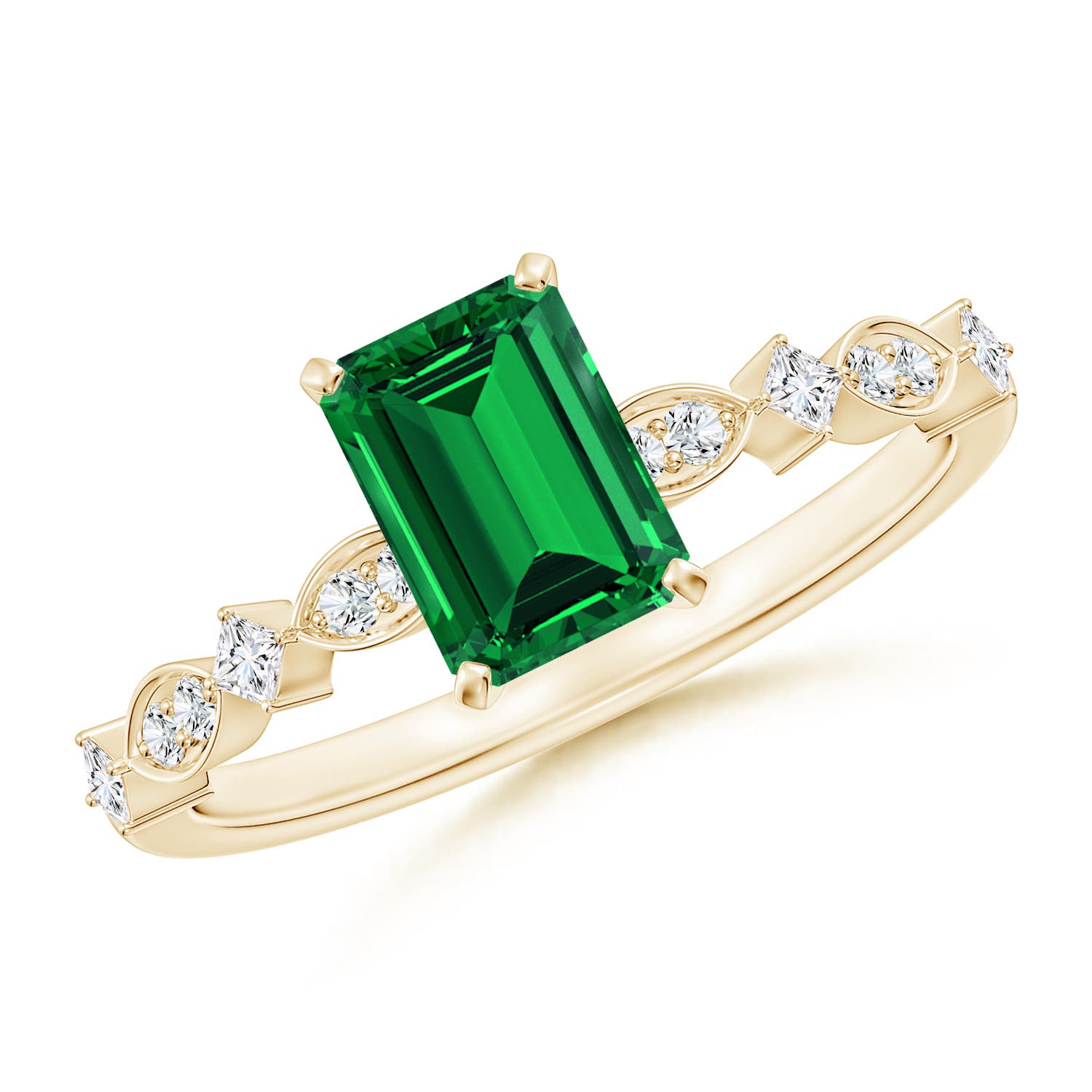 7x5mm Labgrown Prong-Set Emerald-Cut Lab-Grown Emerald Engagement Ring with Marquise Motifs in 18CT Yellow Gold