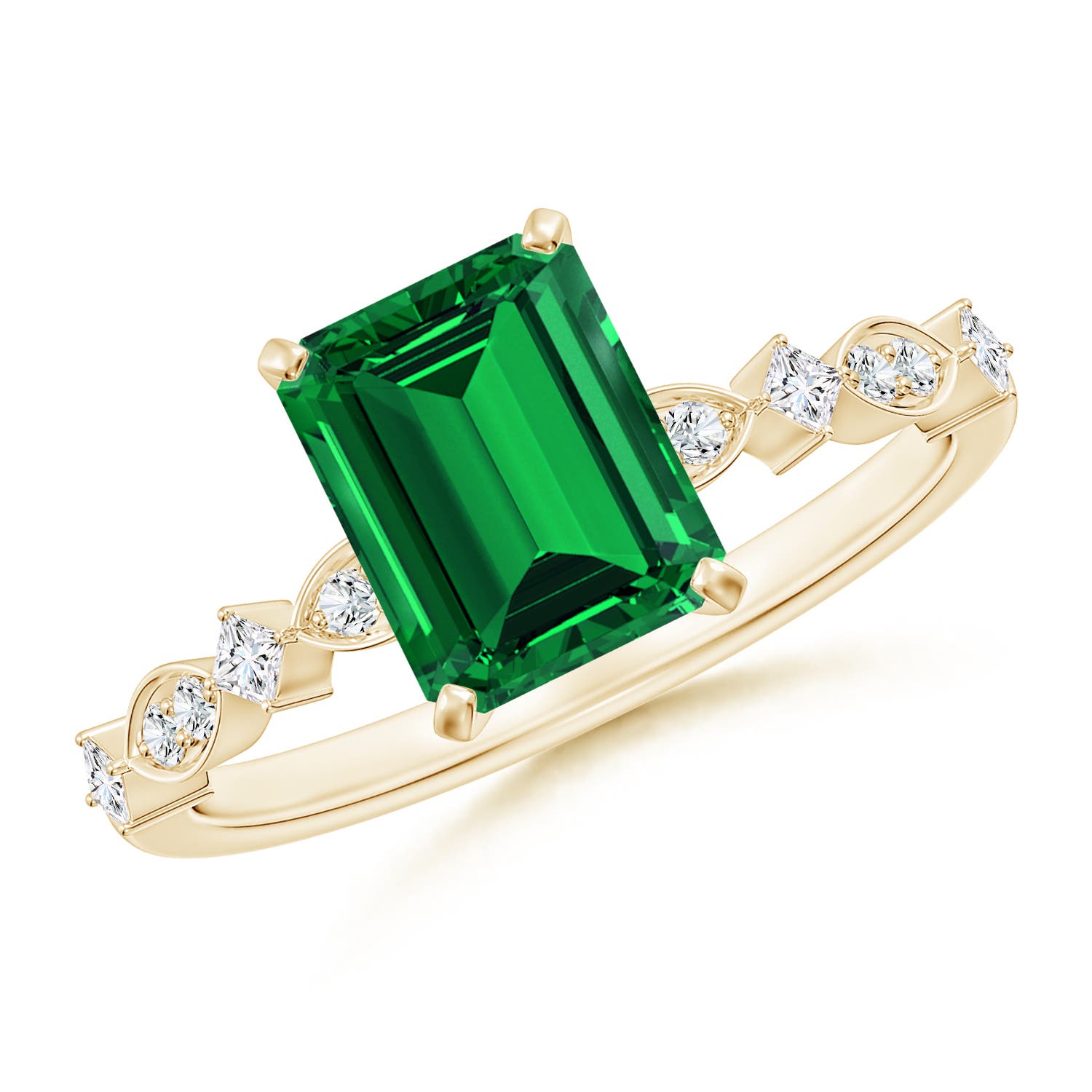 8x6mm Labgrown Prong-Set Emerald-Cut Lab-Grown Emerald Engagement Ring with Marquise Motifs in 18K Yellow Gold