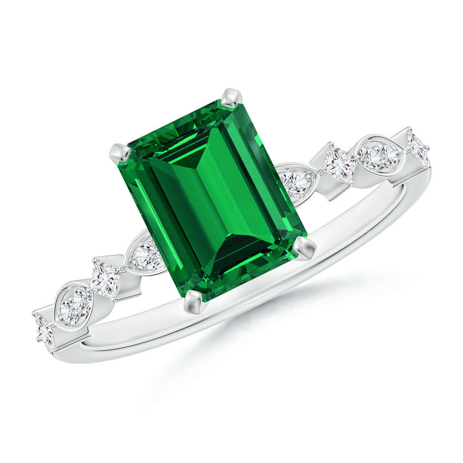 8x6mm Labgrown Prong-Set Emerald-Cut Lab-Grown Emerald Engagement Ring with Marquise Motifs in White Gold 