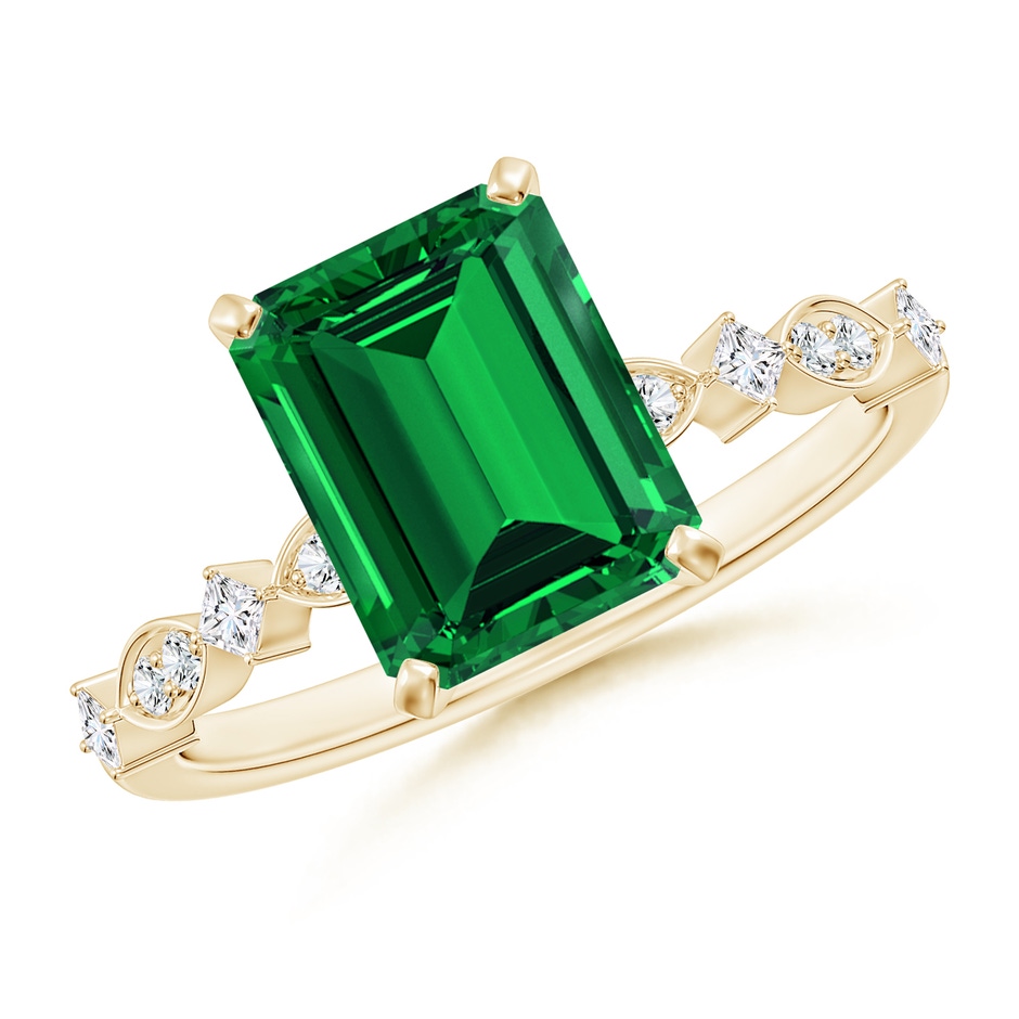 9x7mm Labgrown Prong-Set Emerald-Cut Lab-Grown Emerald Engagement Ring with Marquise Motifs in 18K Yellow Gold 