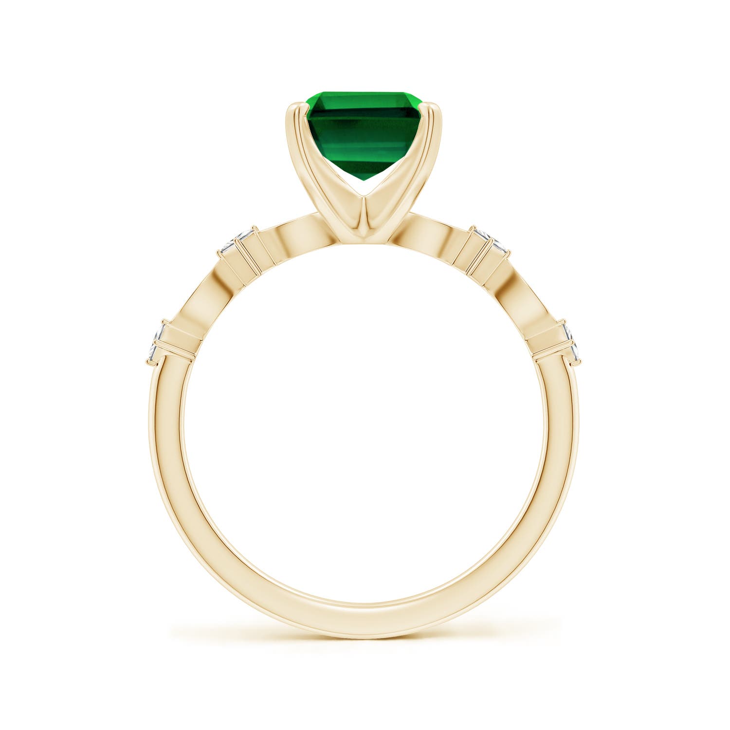 9x7mm Labgrown Prong-Set Emerald-Cut Lab-Grown Emerald Engagement Ring with Marquise Motifs in 18K Yellow Gold