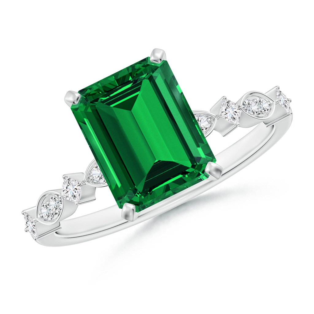 9x7mm Labgrown Prong-Set Emerald-Cut Lab-Grown Emerald Engagement Ring with Marquise Motifs in White Gold