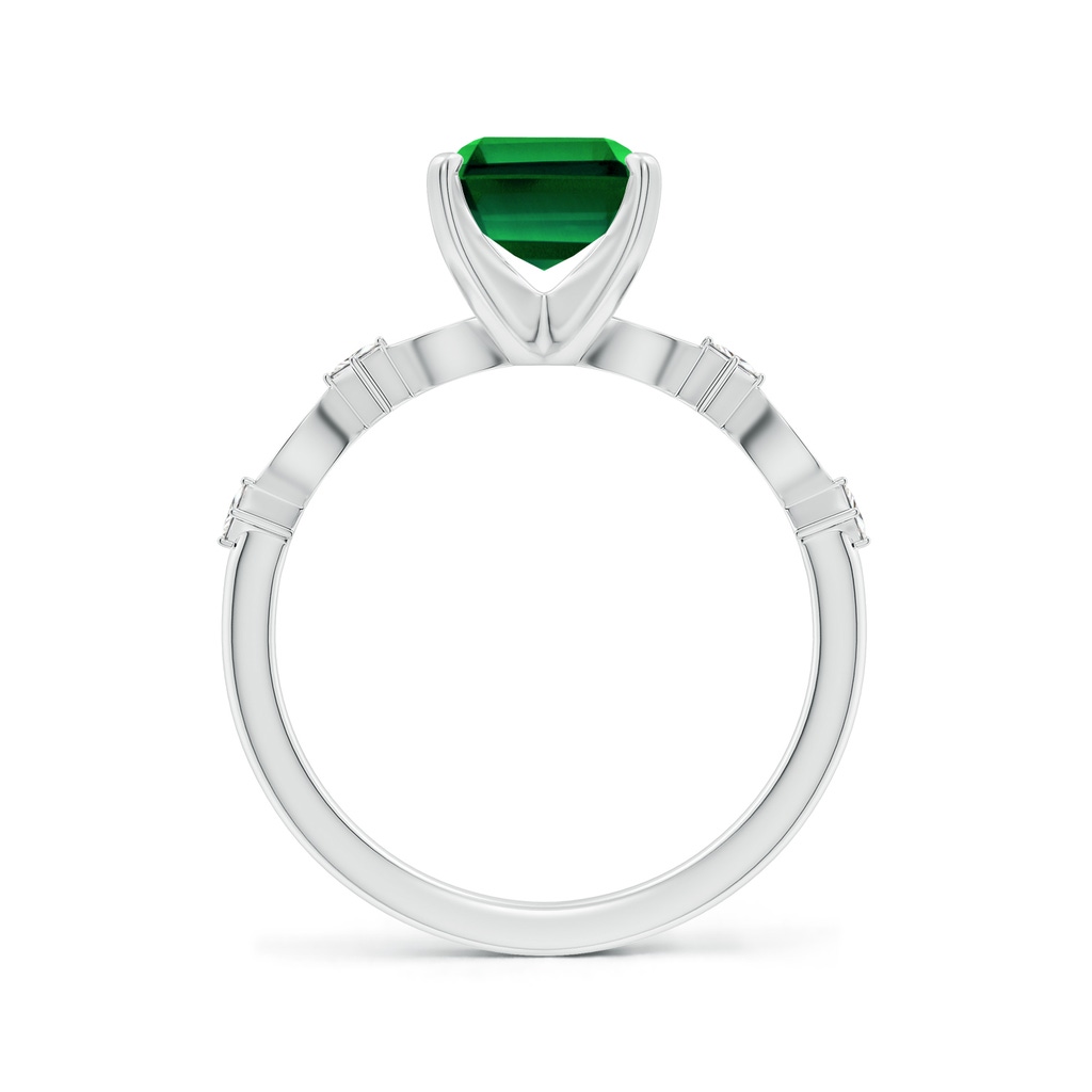 9x7mm Labgrown Prong-Set Emerald-Cut Lab-Grown Emerald Engagement Ring with Marquise Motifs in White Gold - side 199
