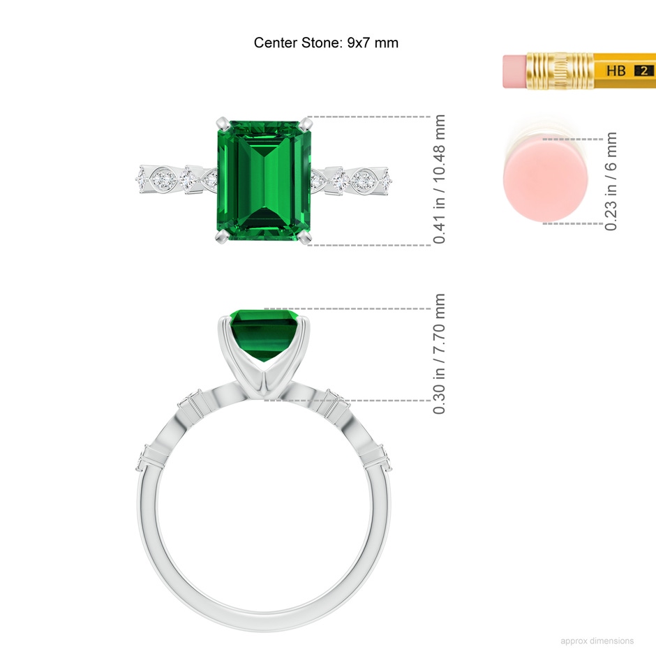 9x7mm Labgrown Emerald-Cut Lab-Grown Emerald Engagement Ring with Marquise Motifs in White Gold ruler