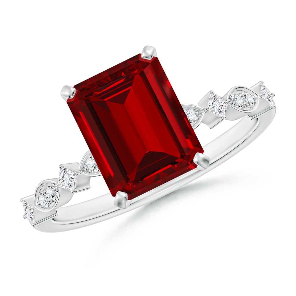9x7mm Labgrown Emerald-Cut Lab-Grown Ruby Engagement Ring with Marquise Motifs in White Gold