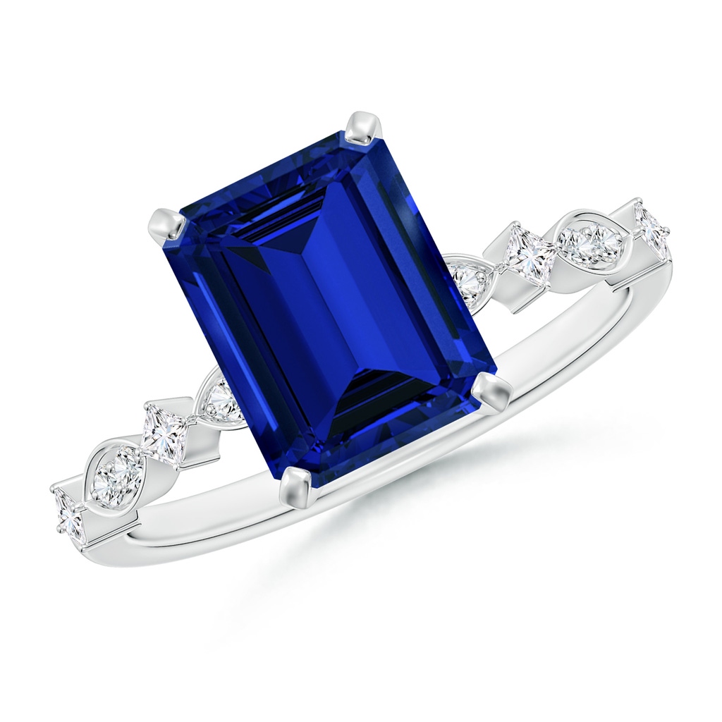 9x7mm Labgrown Emerald-Cut Lab-Grown Blue Sapphire Engagement Ring with Marquise Motifs in White Gold
