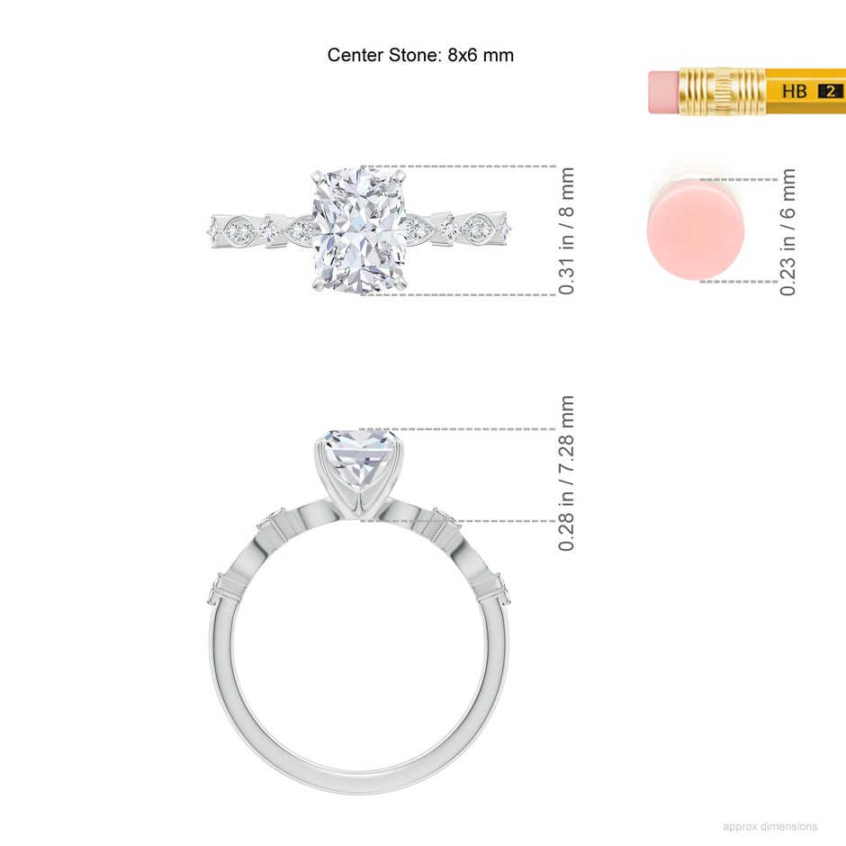 8x6mm FGVS Cushion Rectangular Lab-Grown Diamond Engagement Ring with Marquise Motifs in White Gold ruler