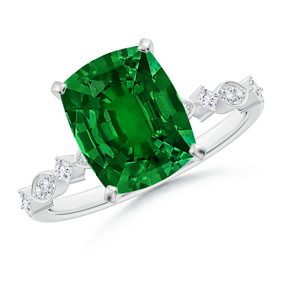 10x8mm Labgrown Cushion Rectangular Lab-Grown Emerald Engagement Ring with Marquise Motifs in 18K White Gold 
