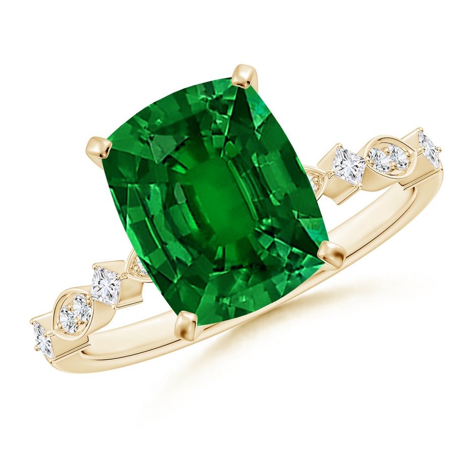 10x8mm Labgrown Cushion Rectangular Lab-Grown Emerald Engagement Ring with Marquise Motifs in Yellow Gold 