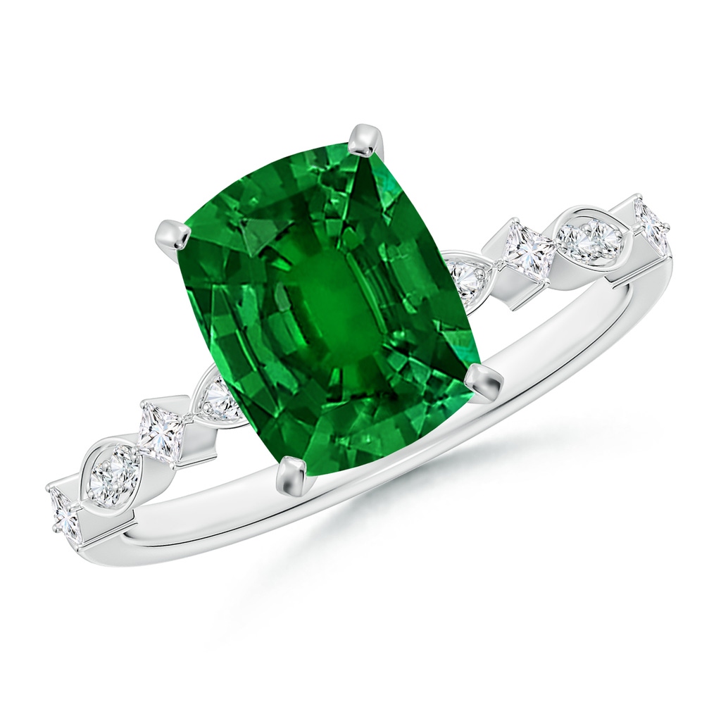 9x7mm Labgrown Cushion Rectangular Lab-Grown Emerald Engagement Ring with Marquise Motifs in White Gold