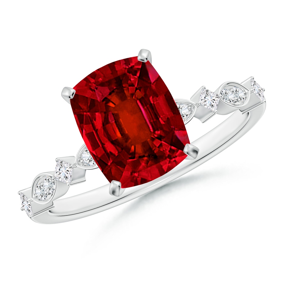 9x7mm Labgrown Cushion Rectangular Lab-Grown Ruby Engagement Ring with Marquise Motifs in White Gold 