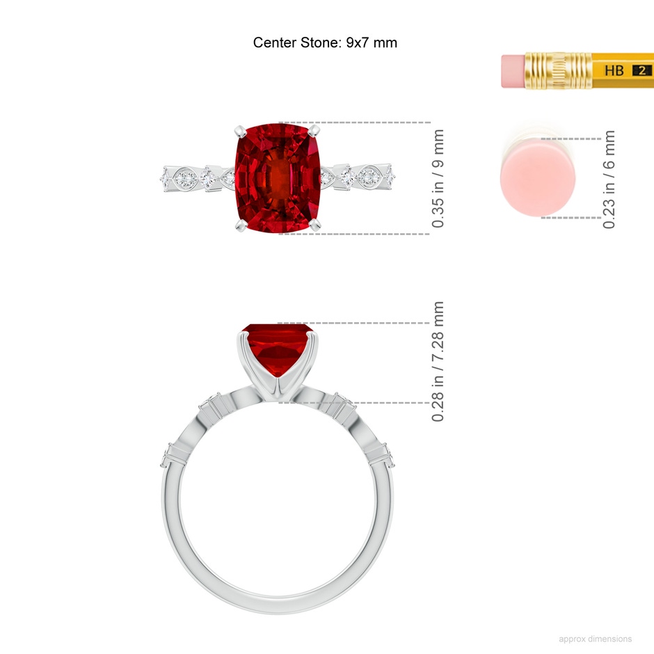 9x7mm Labgrown Cushion Rectangular Lab-Grown Ruby Engagement Ring with Marquise Motifs in White Gold ruler