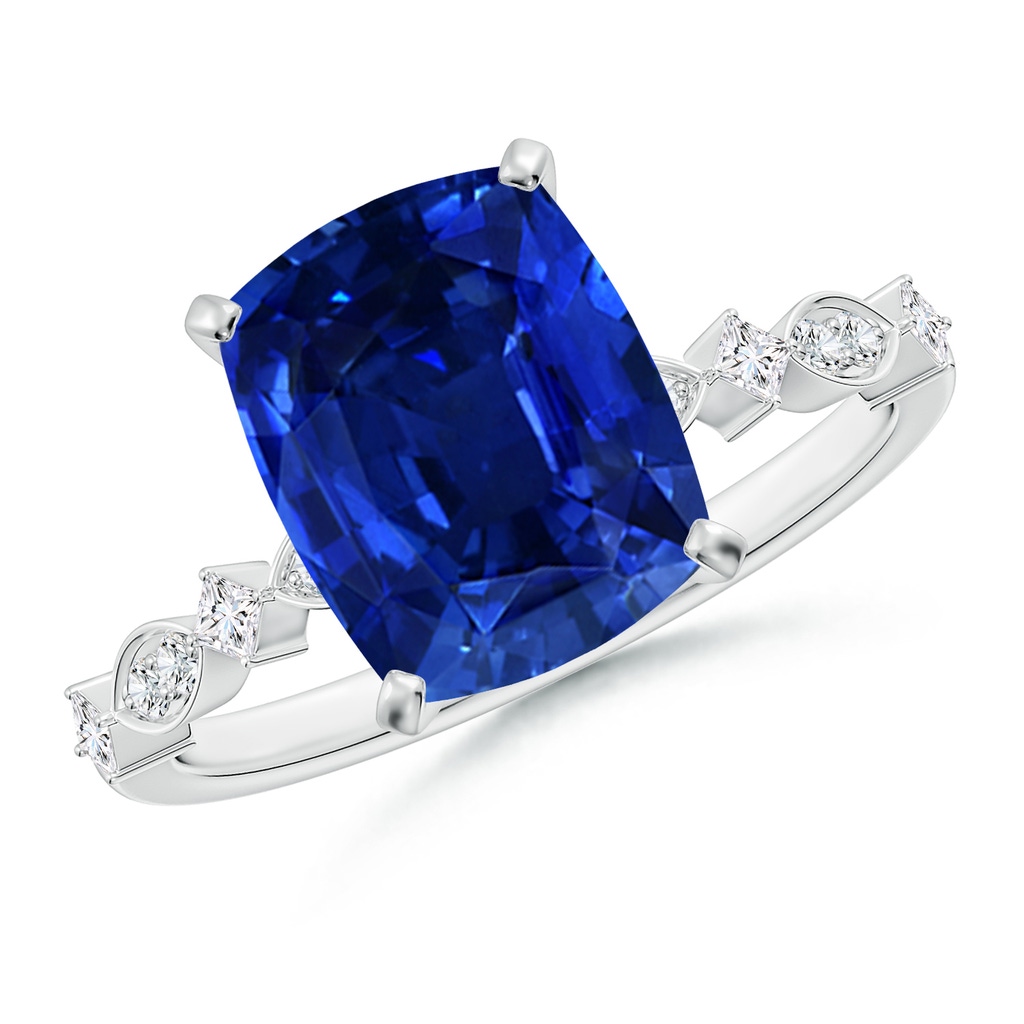 10x8mm Labgrown Cushion Rectangular Lab-Grown Blue Sapphire Engagement Ring with Marquise Motifs in 18K White Gold