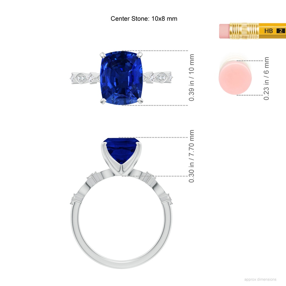10x8mm Labgrown Cushion Rectangular Lab-Grown Blue Sapphire Engagement Ring with Marquise Motifs in White Gold ruler