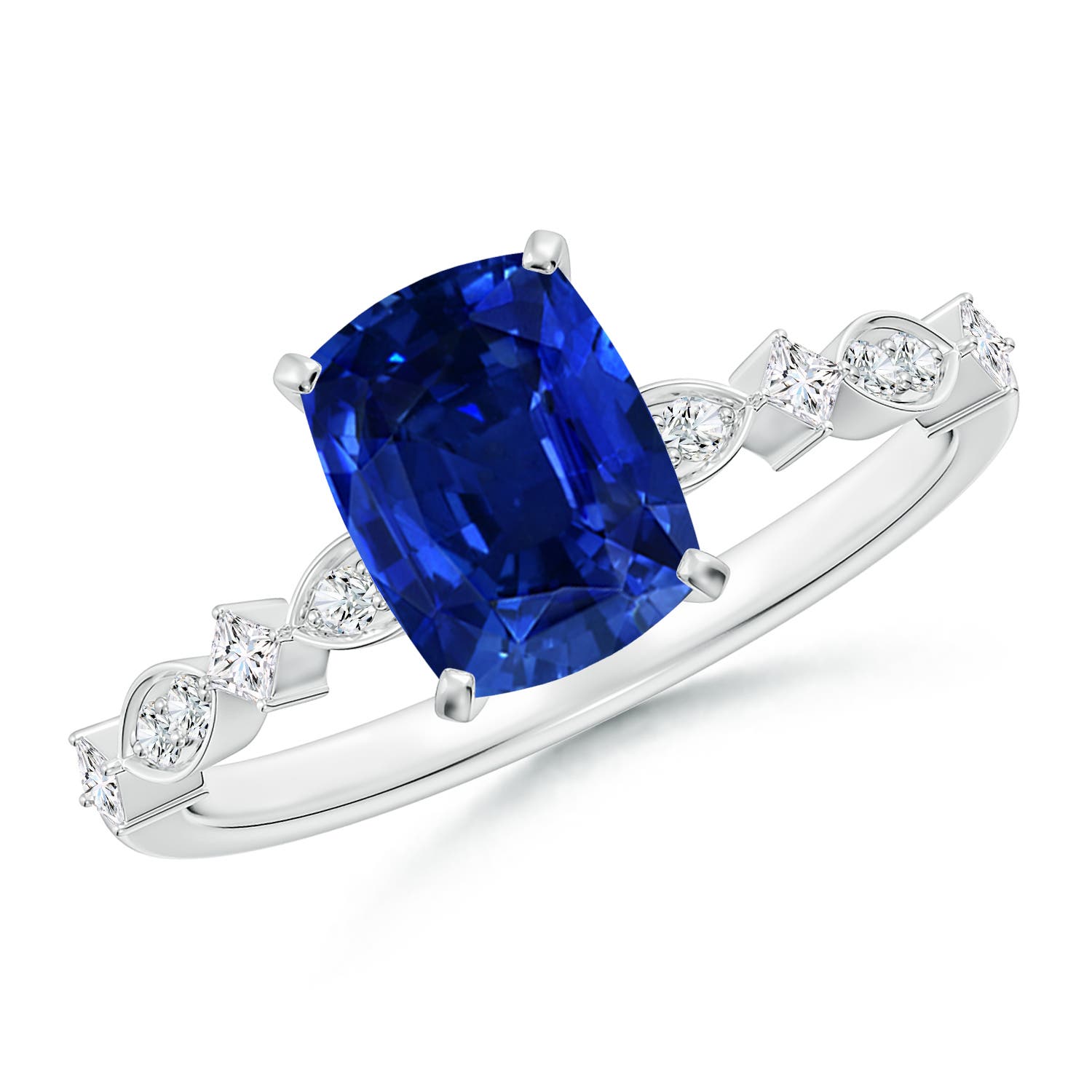 8x6mm Labgrown Cushion Rectangular Lab-Grown Blue Sapphire Engagement Ring with Marquise Motifs in 18CT White Gold