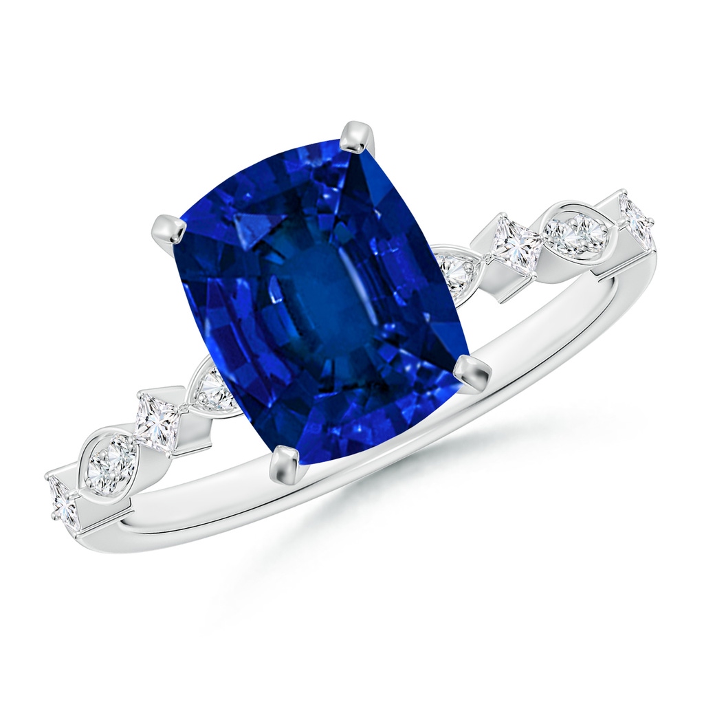9x7mm Labgrown Cushion Rectangular Lab-Grown Blue Sapphire Engagement Ring with Marquise Motifs in White Gold