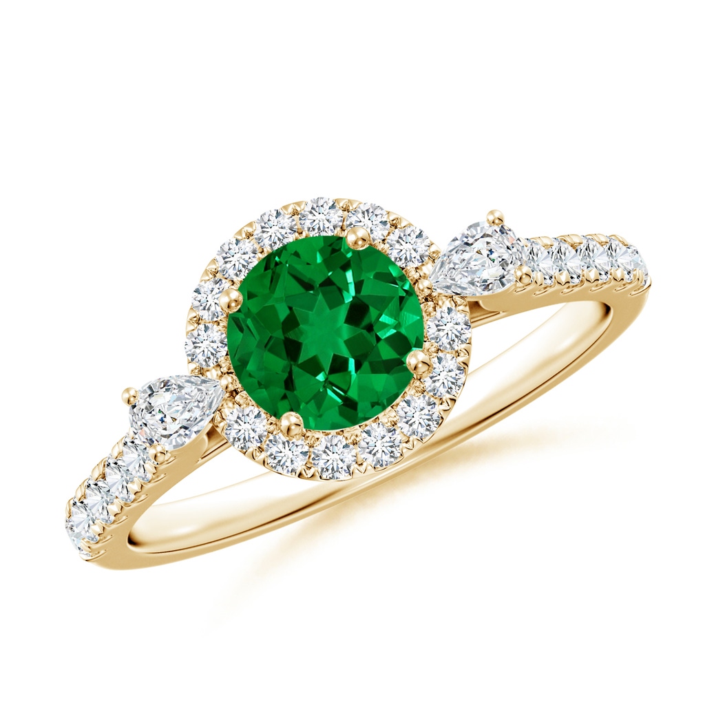 6mm Labgrown Round Lab-Grown Emerald Halo Side Stone Engagement Ring in 18K Yellow Gold